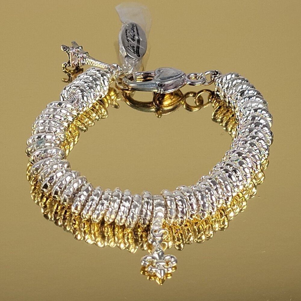 Silver-Tone Eiffel Tower Fleur De Lis Ring Charm Bracelet 8" Lobster Clasp